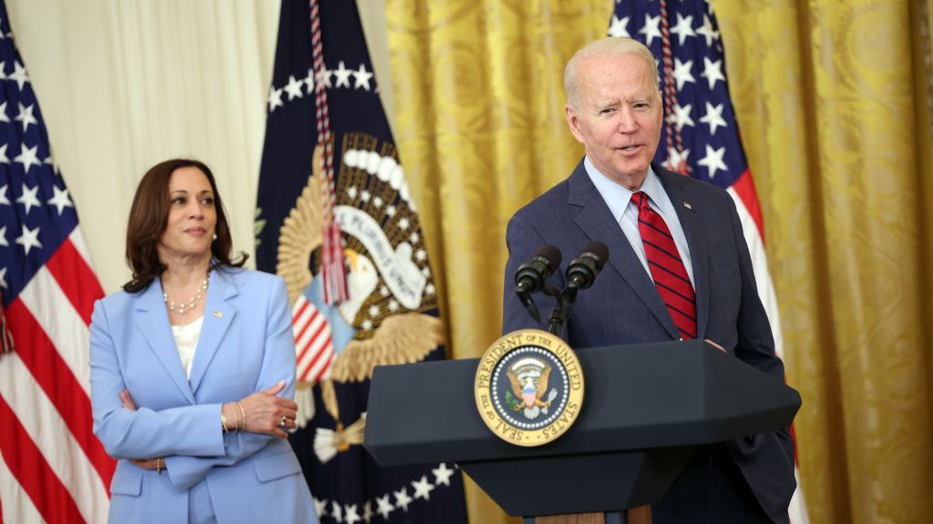 U.S. President Joseph R. Biden Jr. speaks alongside Vice President Kamala D. Harris on the Senate's infrastructure deal at the White House on June 24. (Kevin Dietsch/Getty Images)