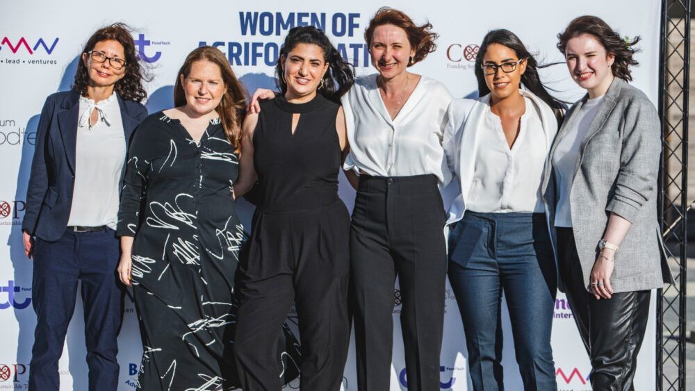 The six finalists in the 2021 Women of AgriFood Nation competition, (l-r): Ifat Hamer (Biotipac), Yosefa Ben-Cohen (Yo-Egg), Adi Polak (IncrediBowl), Anna Malkov (BugEra), Maya Ashkenazi-Otmazgin (Maolac) and Valeria Cogan (Fermata). (Photo by Itay Skaliter)