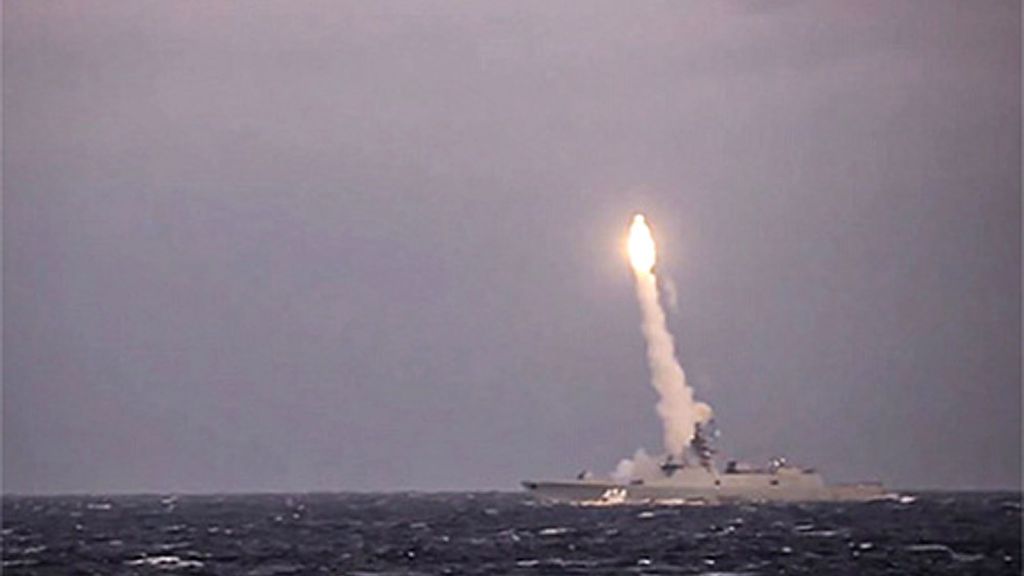 The first launch of the Tsirkon hypersonic missile from the Admiral Gorshkov warship in the White Sea on Oct. 6, 2020. (Russian Ministry of Defense/Zenger)